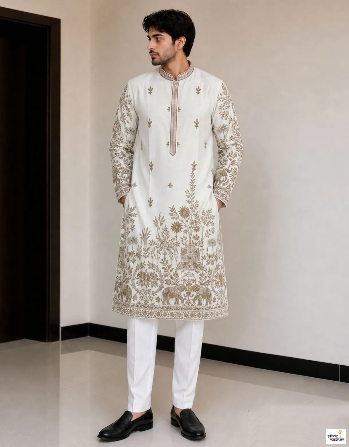 White Silk Embroidered & Sequin Work Kurta Pajama Set