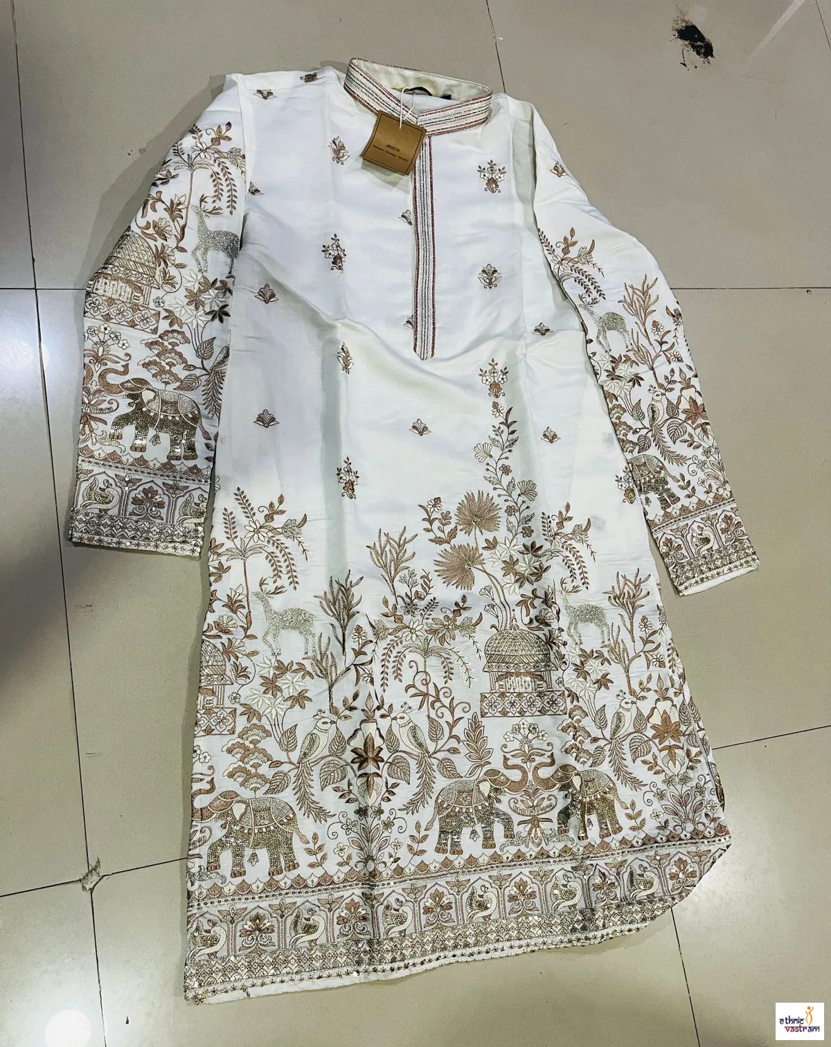 White Silk Embroidered & Sequin Work Kurta Pajama Set - Image 2