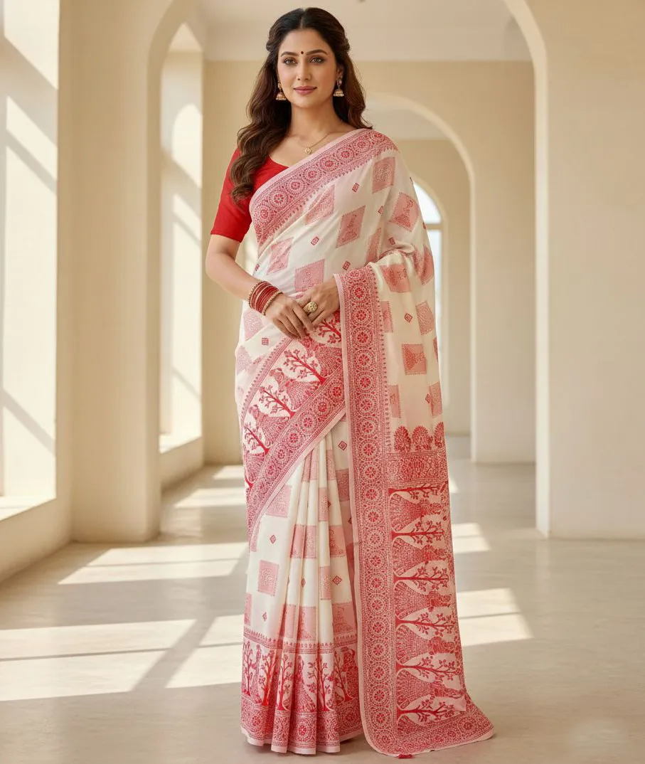 White Soft Linen Cotton Slub Weaving Work Saree