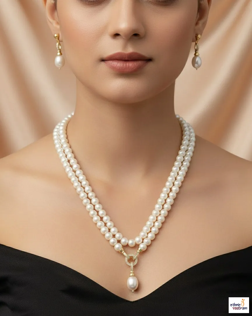 White Teardrop Pendant Double-Strand Pearl Necklace Set
