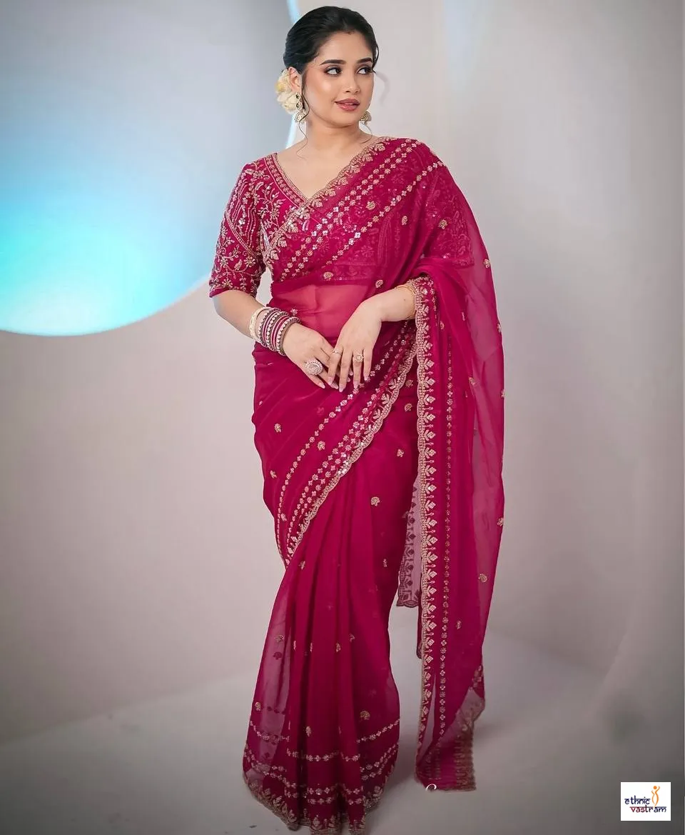 Wine Pink Soft Space Silk Sequins and Zari Work Designer Saree
