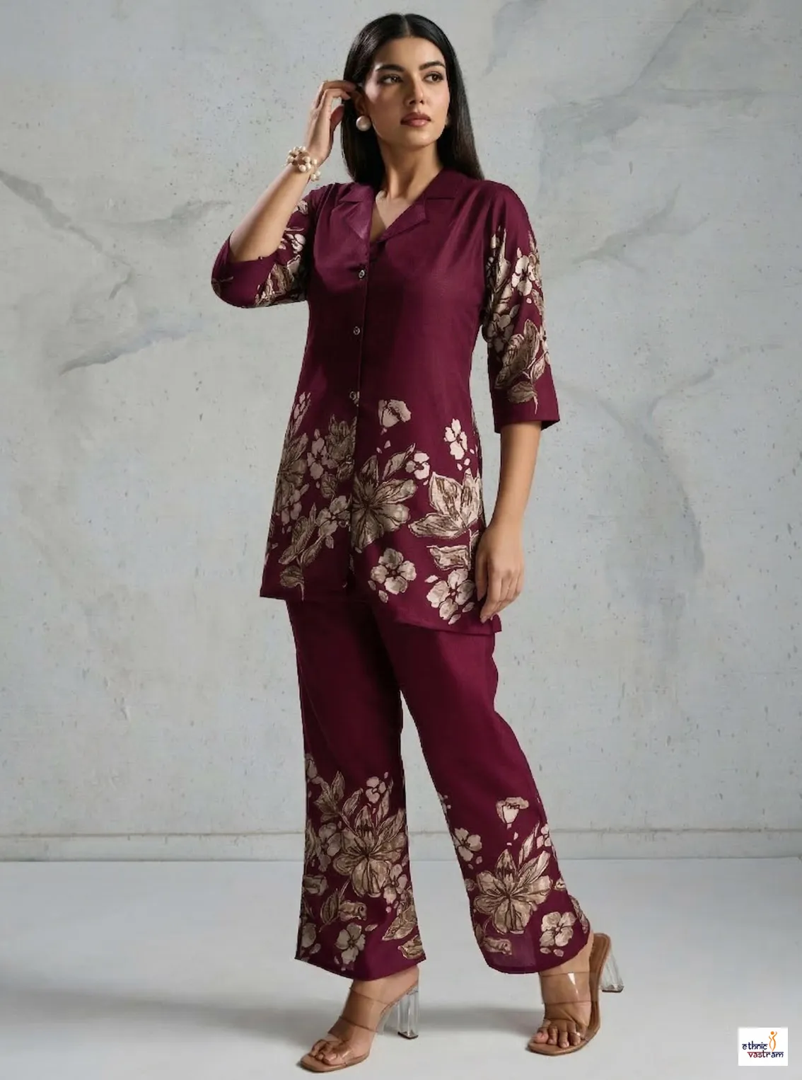 Wine Pure Viscose Rayon Floral Printed Co-Ord Set