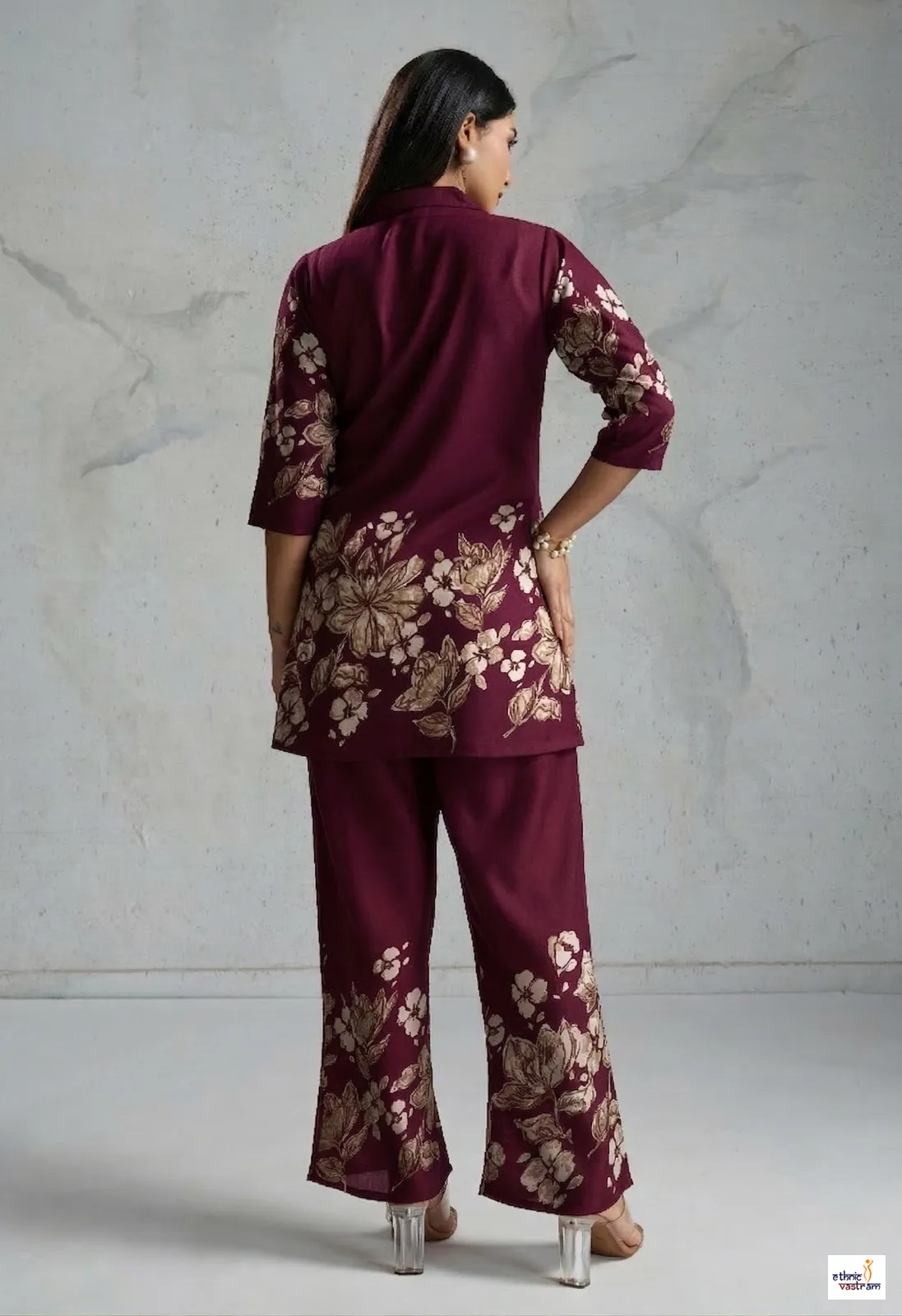 Wine Pure Viscose Rayon Floral Printed Co-Ord Set - Image 2