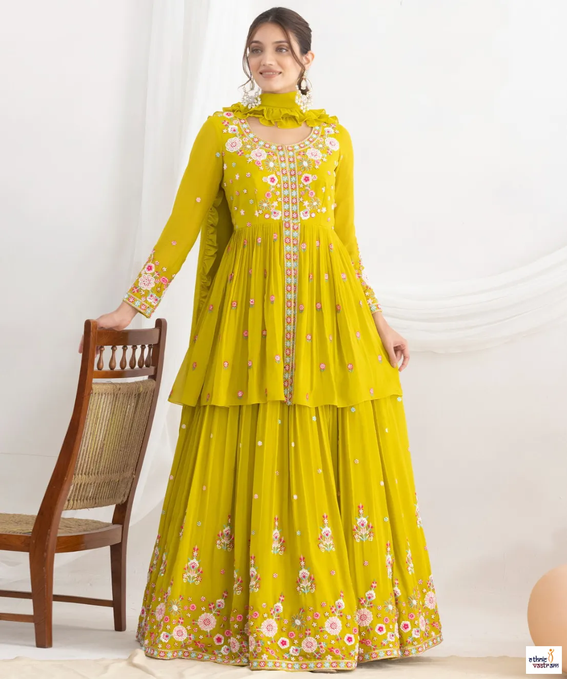 Yellow Georgette Floral Resham & Beads Work Lehenga Set