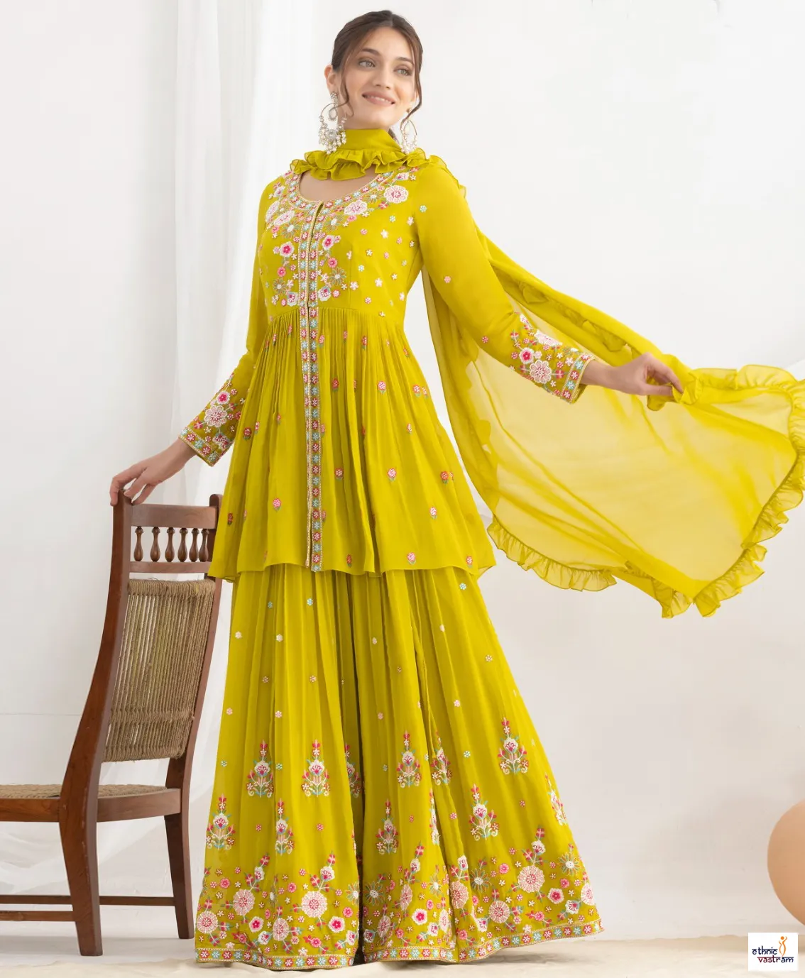 Yellow Georgette Floral Resham & Beads Work Lehenga Set - Image 2