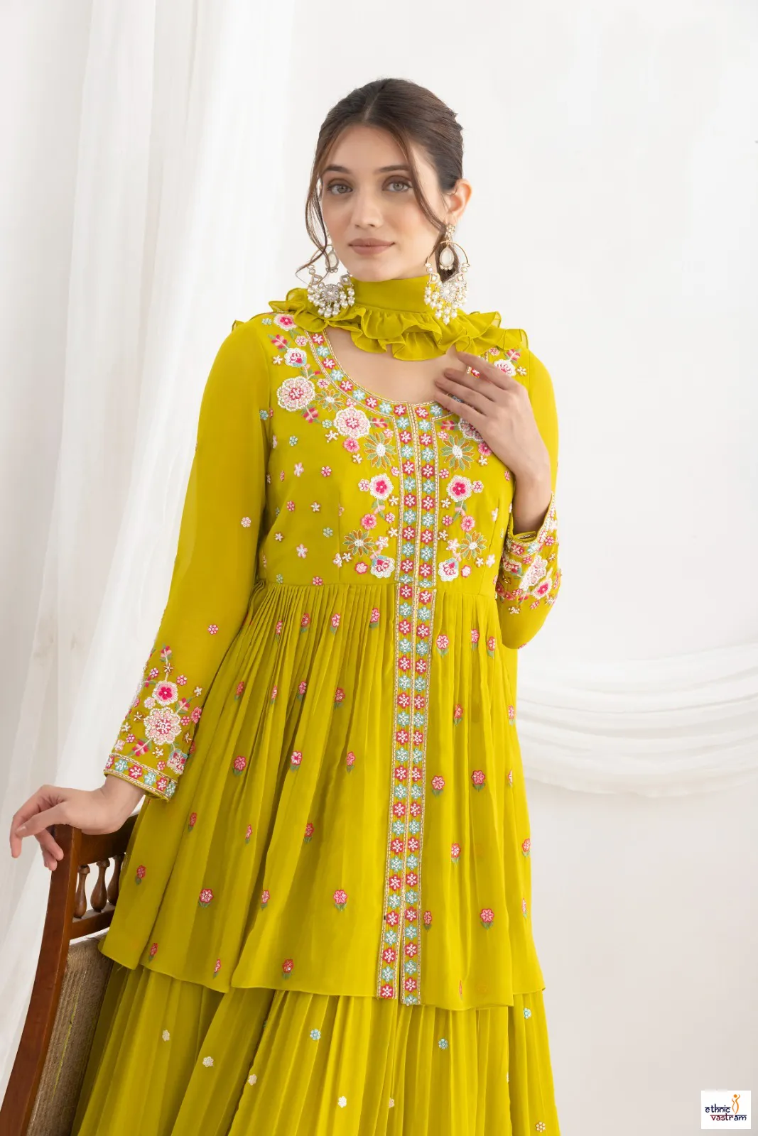 Yellow Georgette Floral Resham & Beads Work Lehenga Set - Image 3
