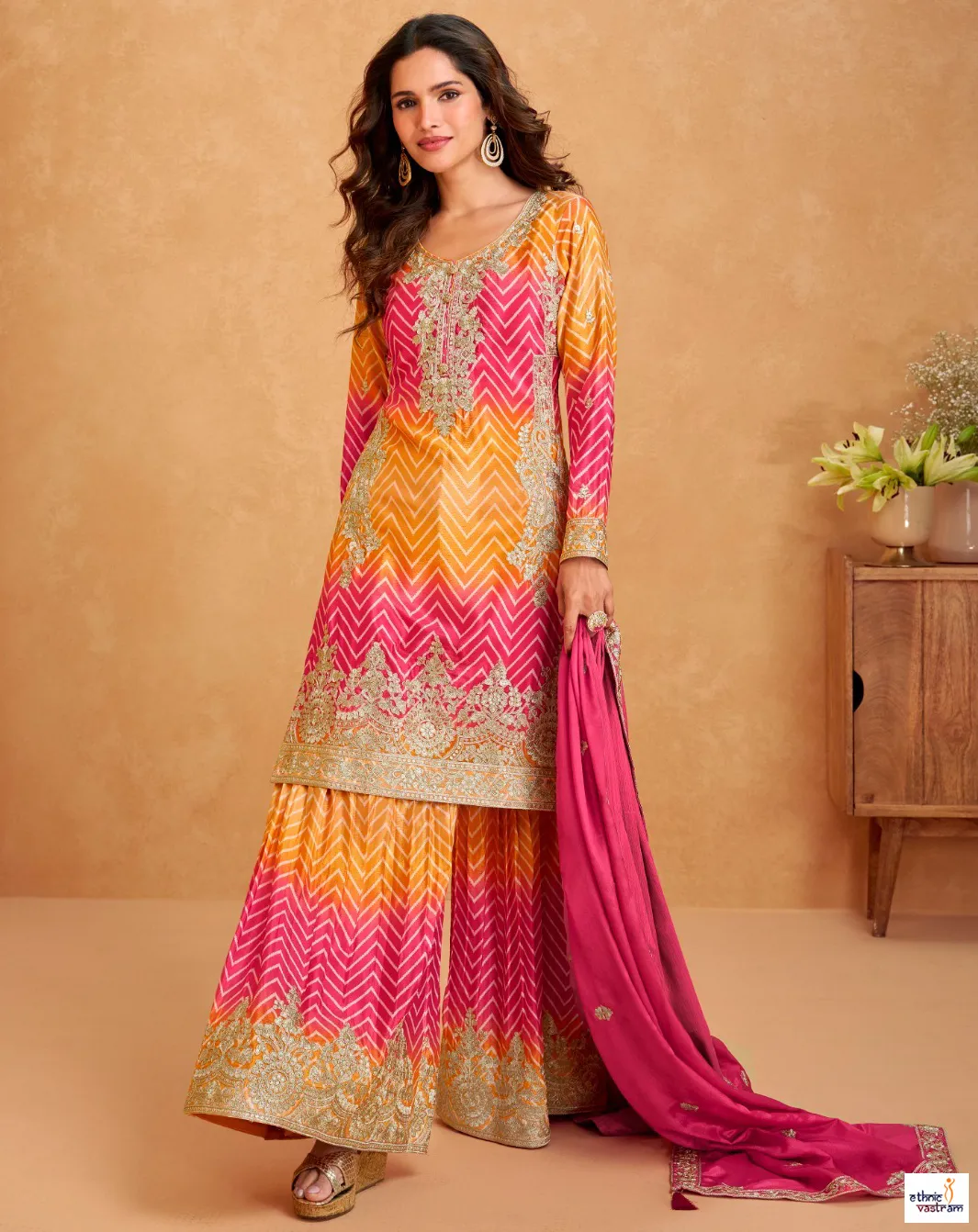 Yellow & Pink Premium Chinnon Silk Readymade Palazzo Suit