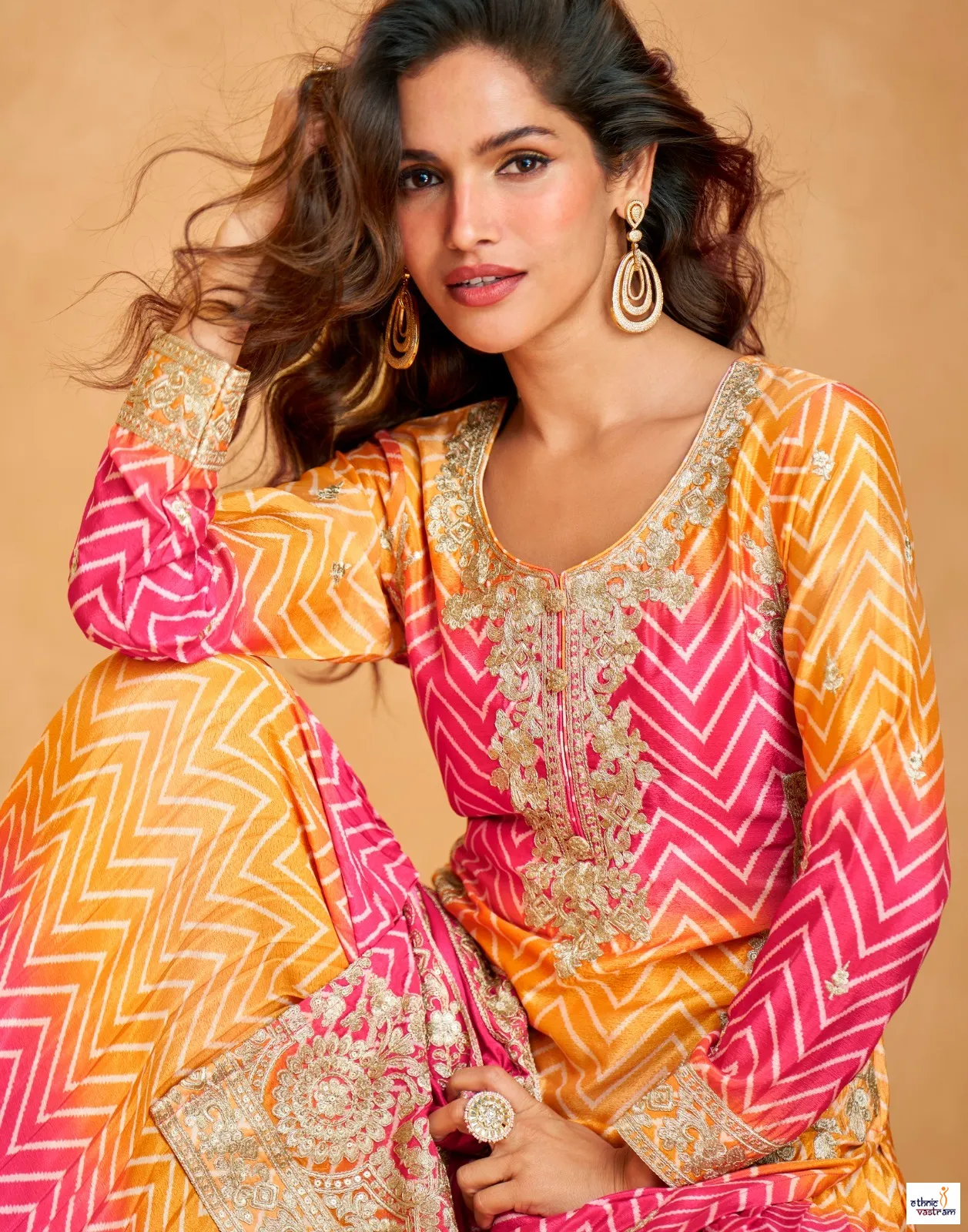 Yellow & Pink Premium Chinnon Silk Readymade Palazzo Suit - Image 2