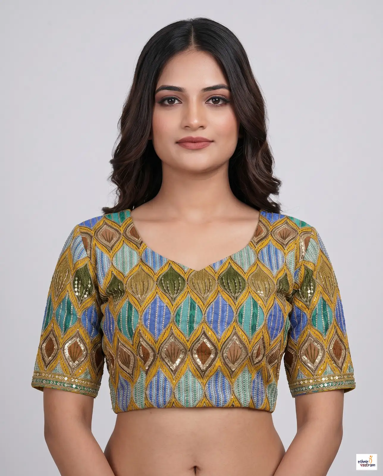 Yellow Pure Viscose Multi Color Geometric Embroidered Padded Blouse