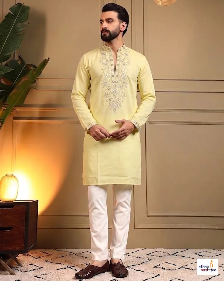 Yellow Star Silk Embroidered Men Kurta With Pajama Set