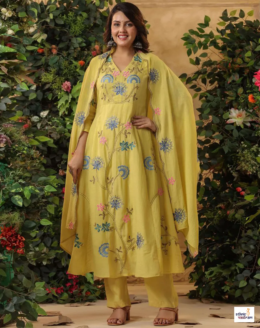 Yellow Viscose Chanderi Embroidered Readymade Anarkali Suit Set