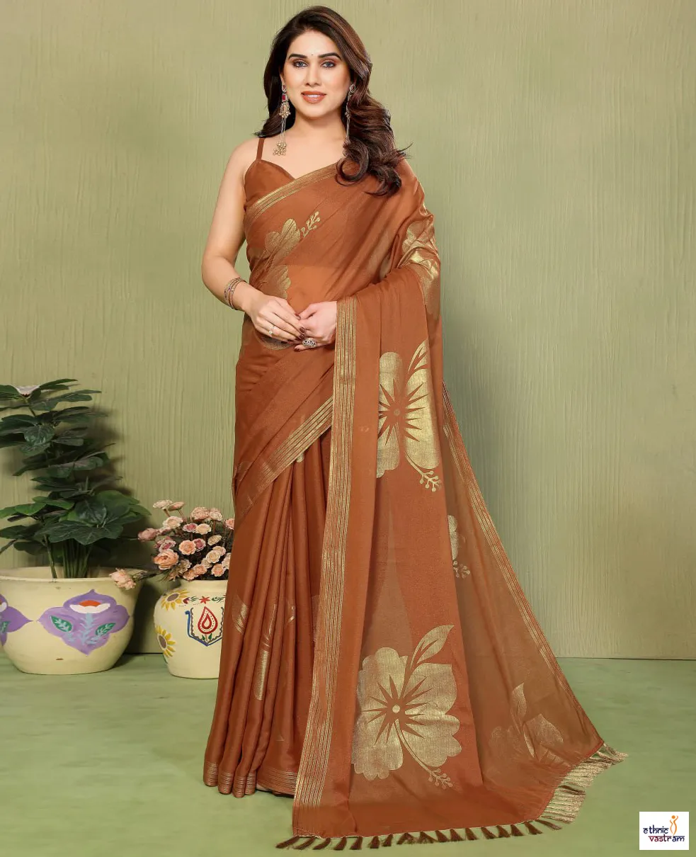 Brown Star Georgette Silk Foil Work Saree With Tassels