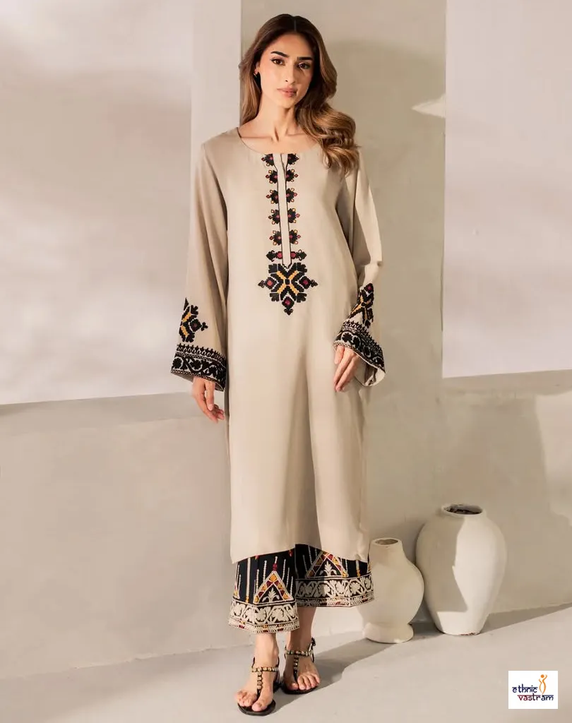 Beige Premium Pakistani Pure Cotton Embroidered 3-Piece Suit