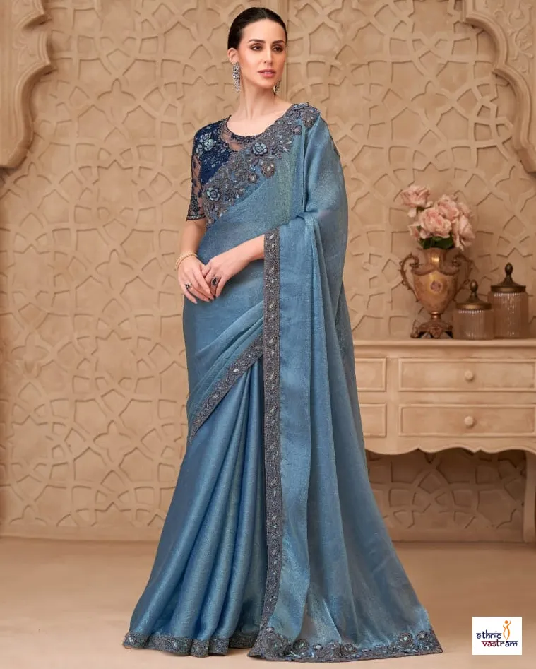 Blue Metal Satin Crush Georgette Designer Wedding Saree