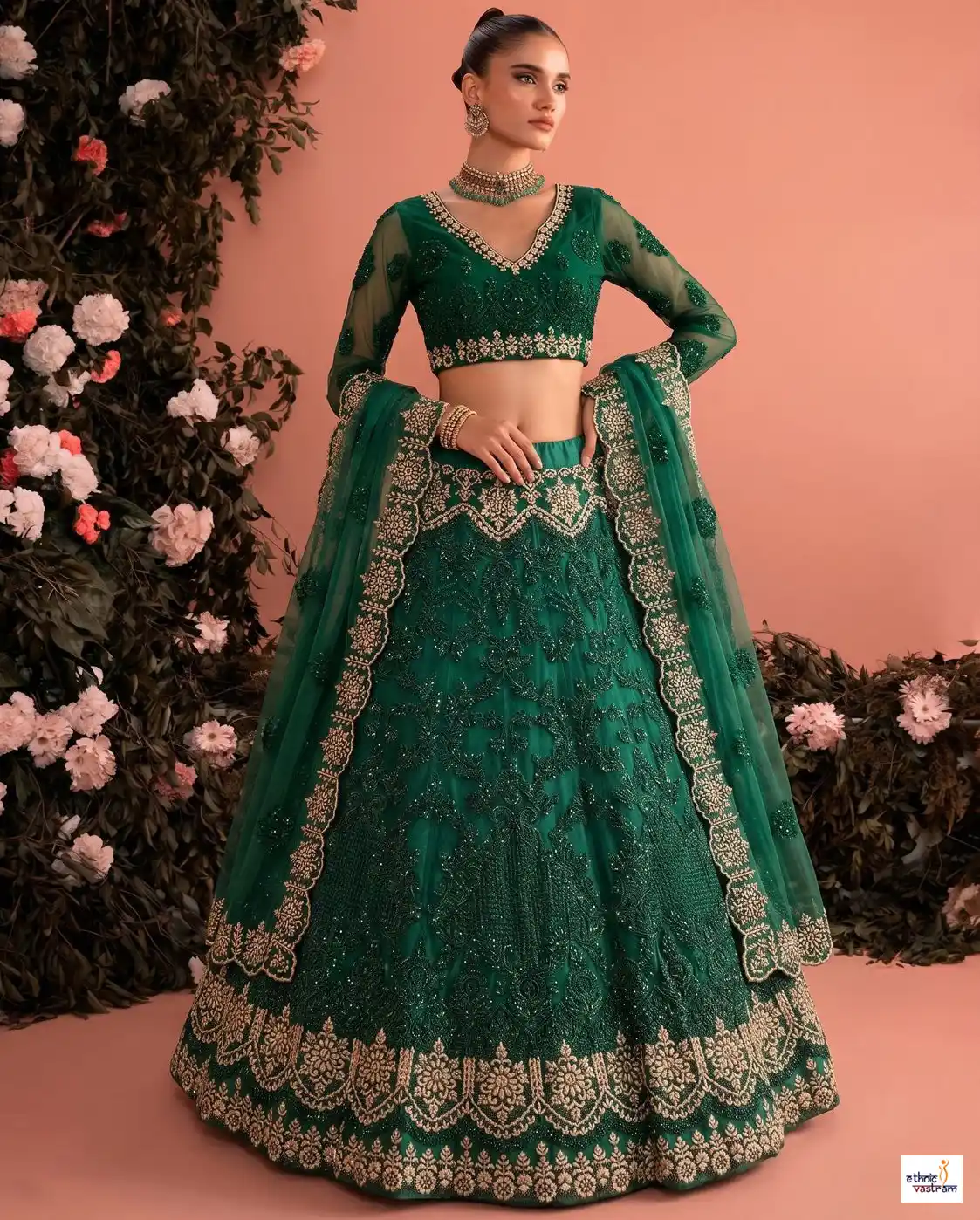 Bottle Green Butterfly Net Embroidered Wedding Lehenga Choli