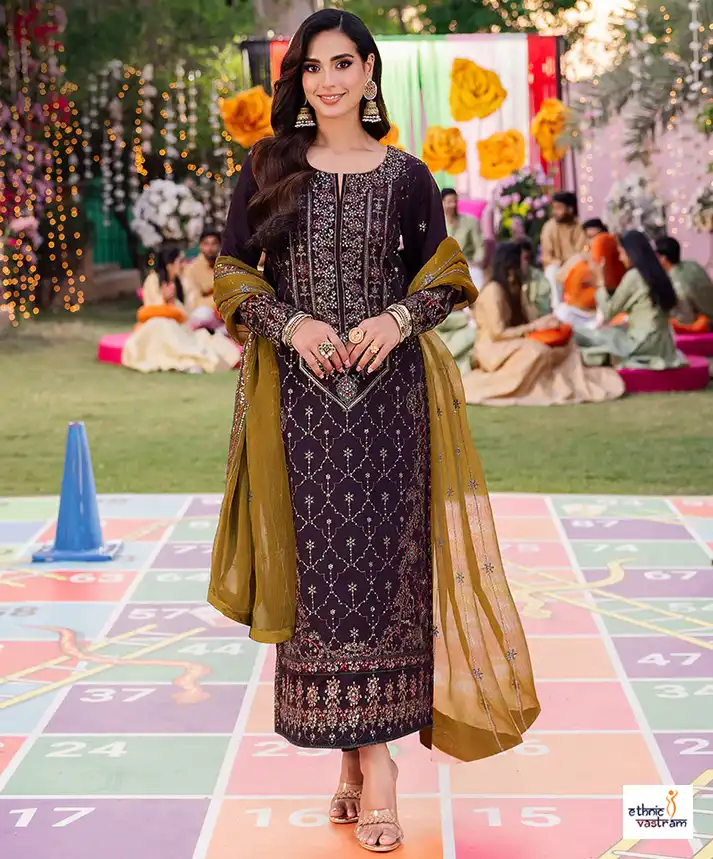 Deep Purple Faux Georgette Embroidered Pakistani Suit