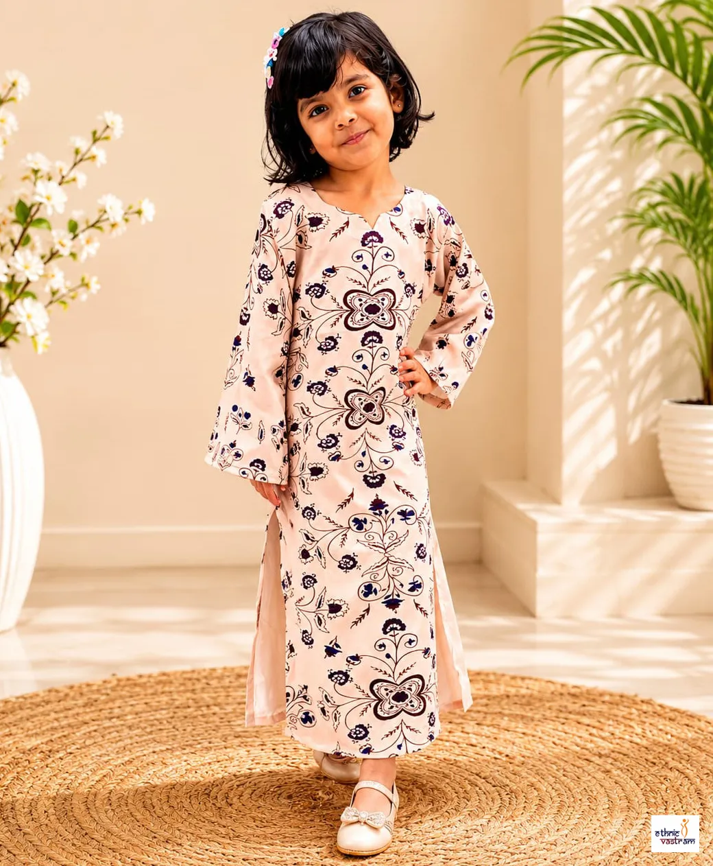 Girls Beige Mal Satin Pakistani Style Long Tunic