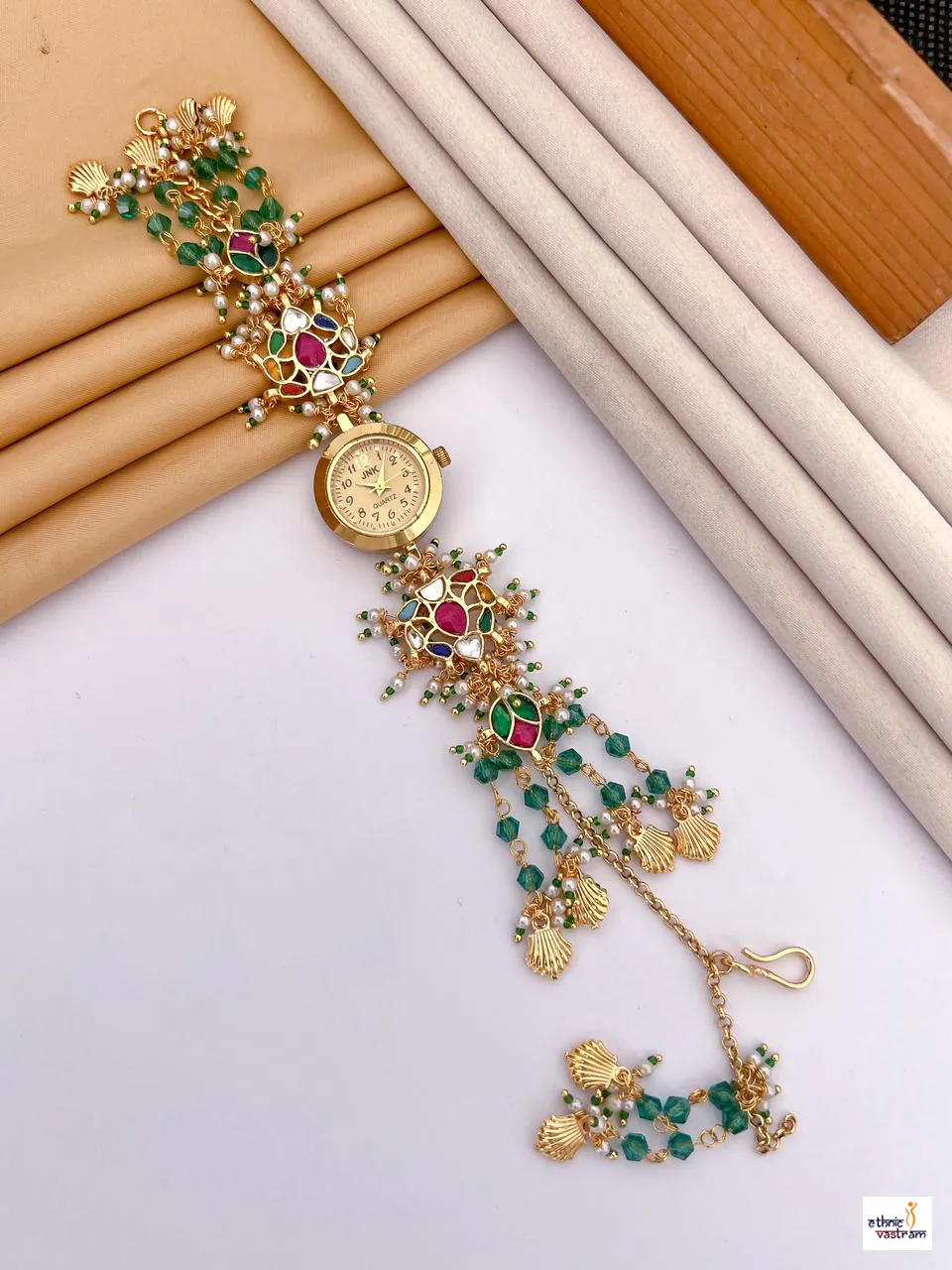 Gold Pink Flower Kundan Enamel Traditional Watch