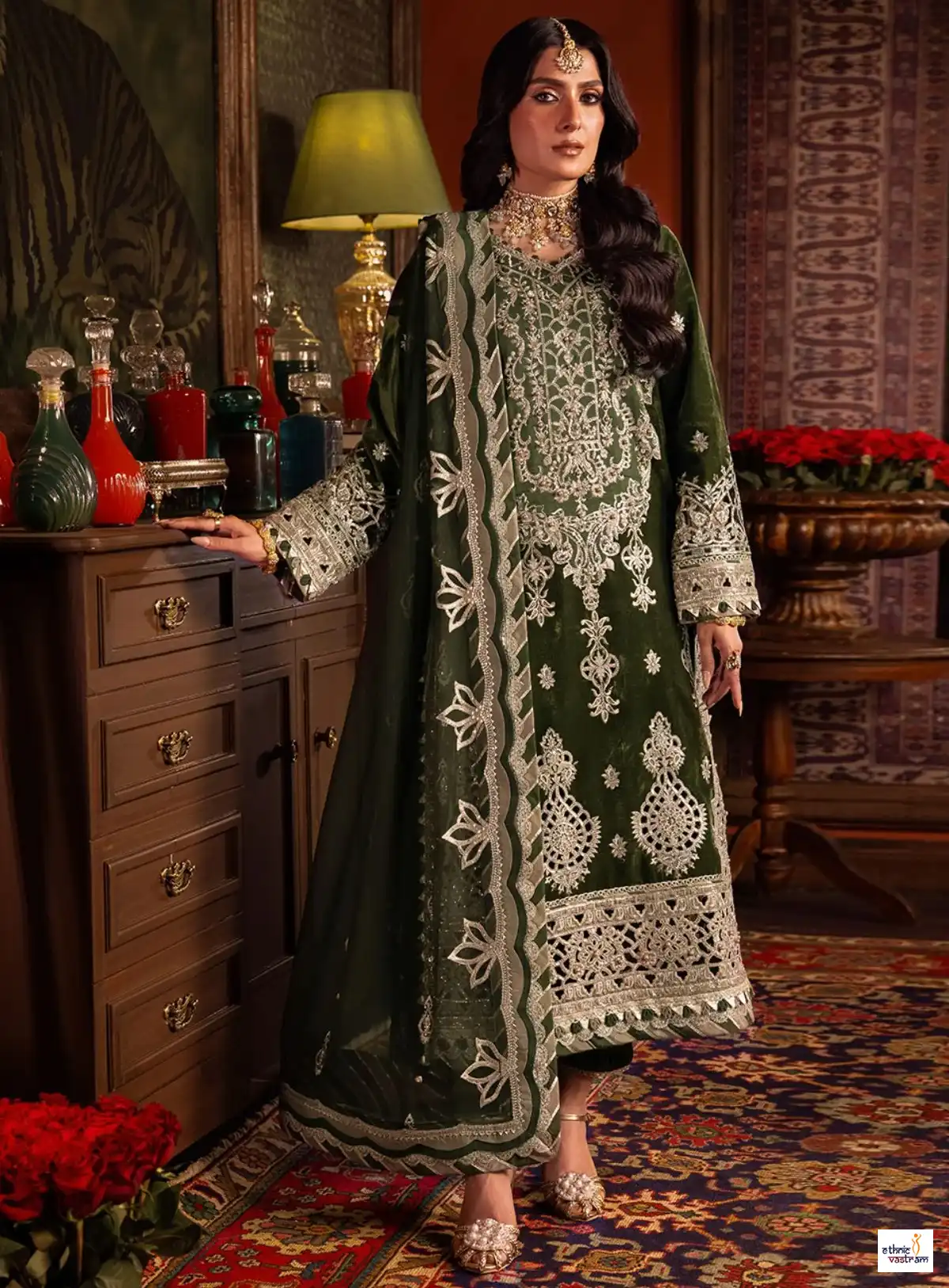 Green Luxury Heavy Embroidered Faux Georgette Pakistani Set