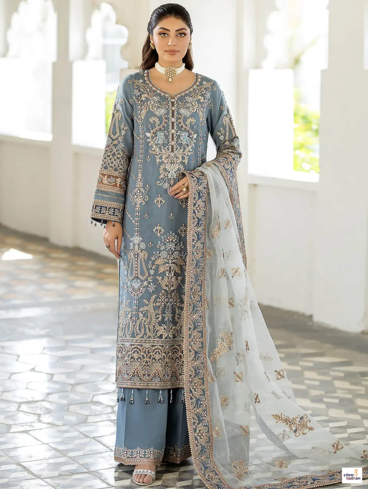 Grey Embroidered Faux Georgette Pakistani Suit