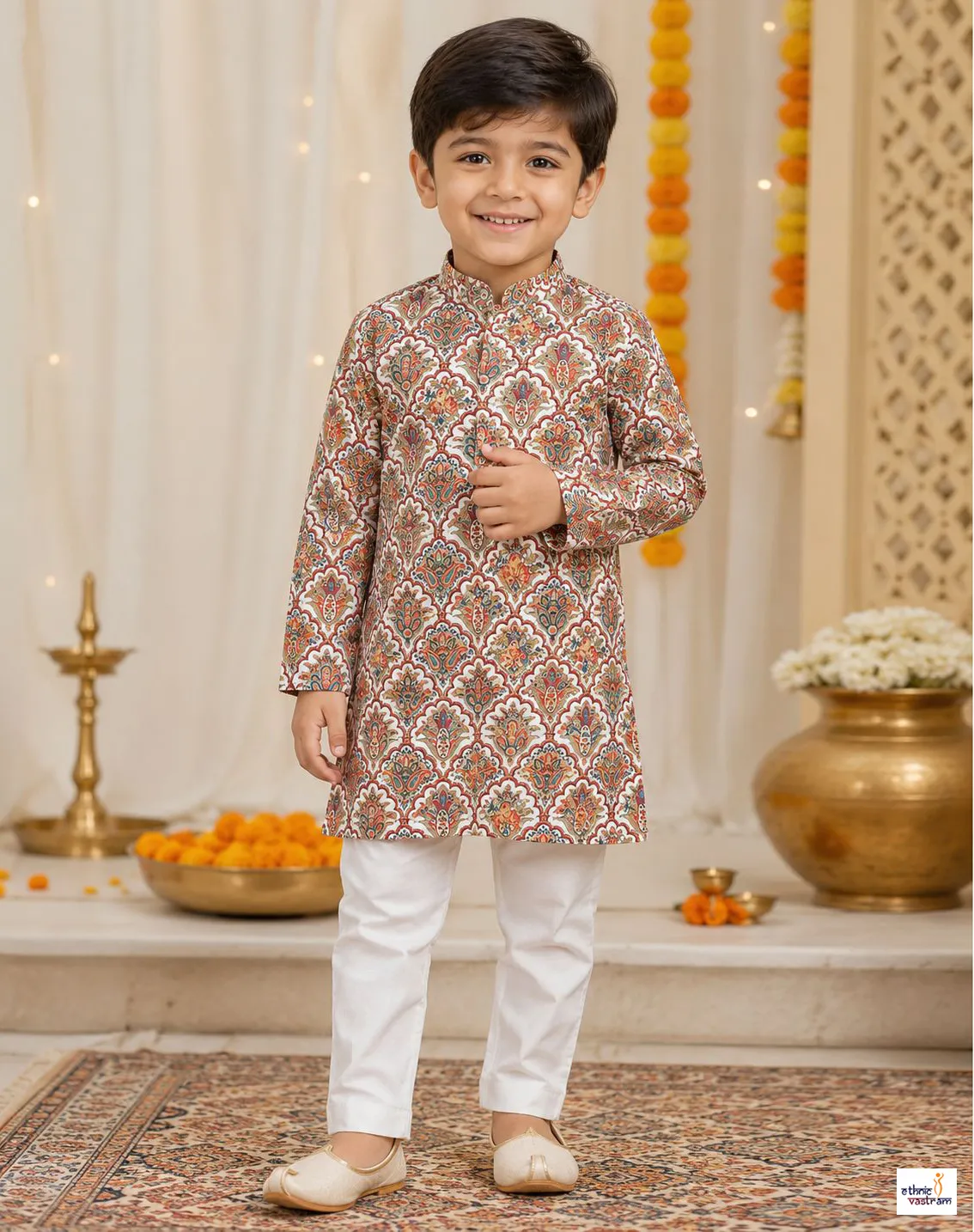 Kids Beige Cotton Kalamkari Style Printed Kurta Pyjama Set