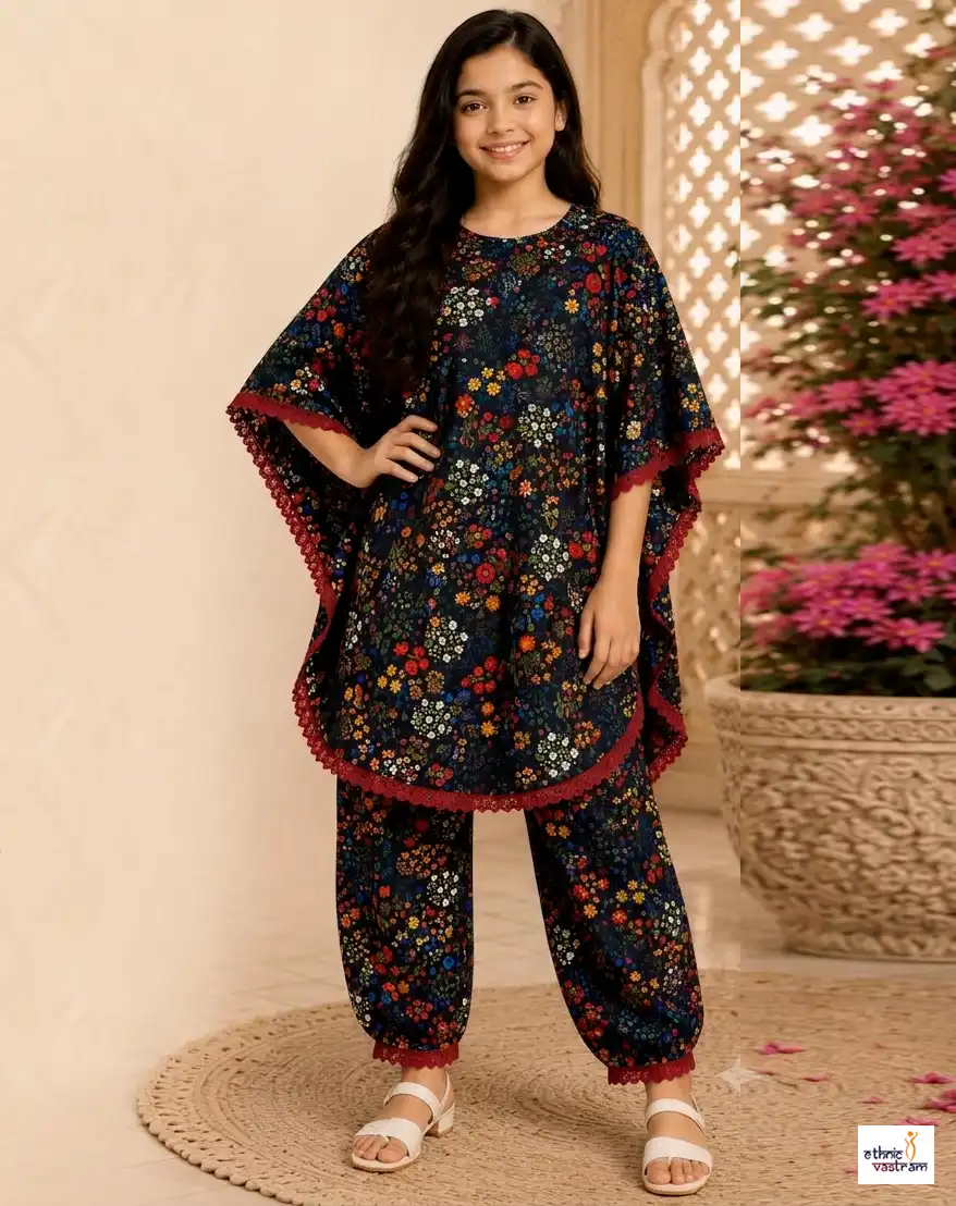 Kids Black Kaftan Style Slub Rayon Printed Tunic