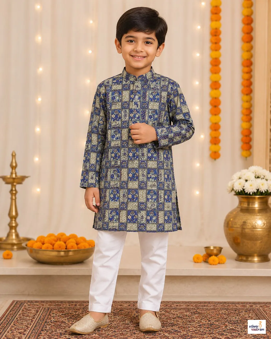 Kids Blue Cotton Floral Printed Kurta Pajama Set