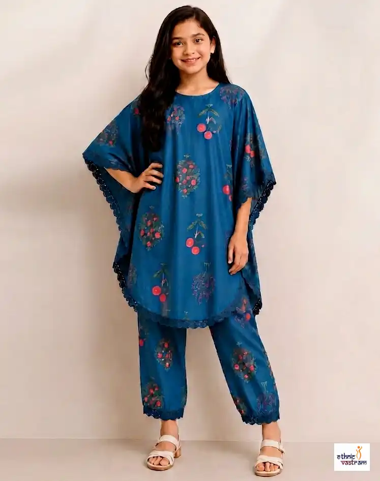 Kids Blue Kaftan Style Slub Rayon Printed Tunic