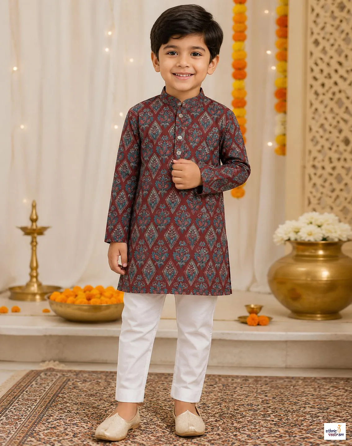 Kids Brown Geometric Printed Cotton Kurta Pyjama Set