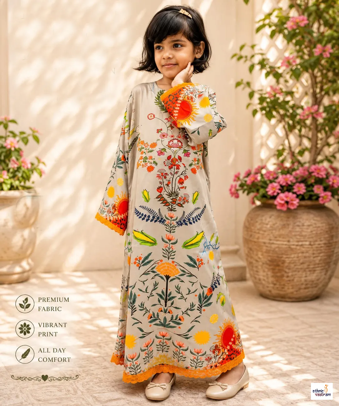 Kids Grey Mal Satin Pakistani Style Long Tunic