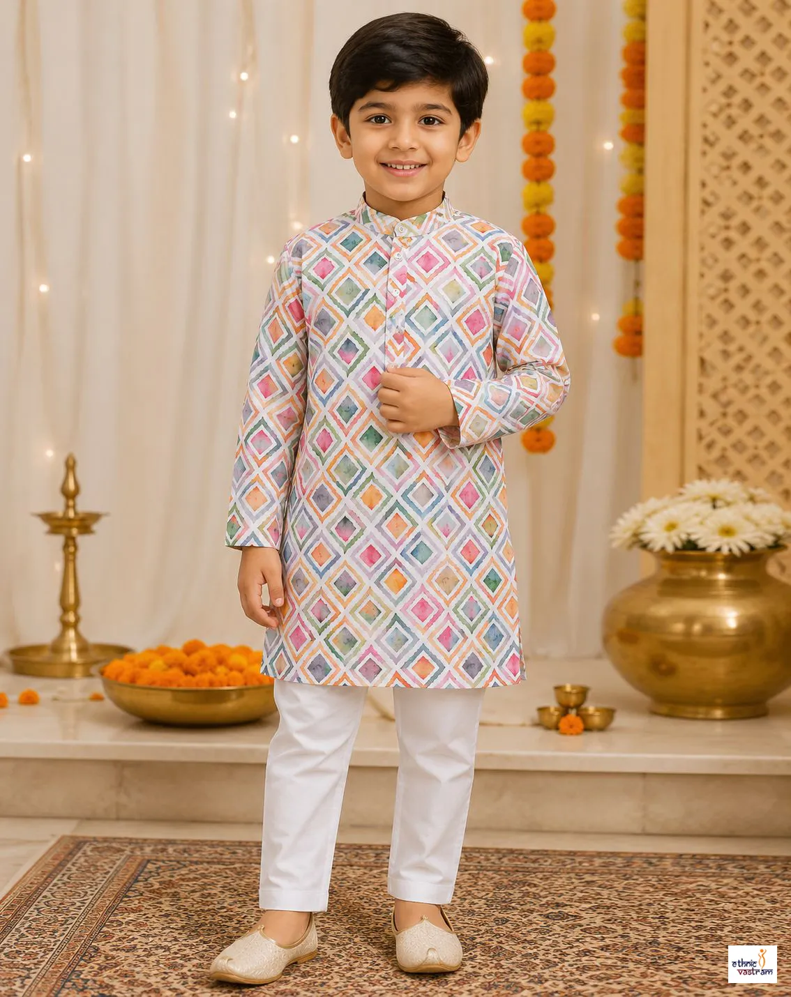 Kids Multicolor Cotton Floral Printed Kurta Pajama Set
