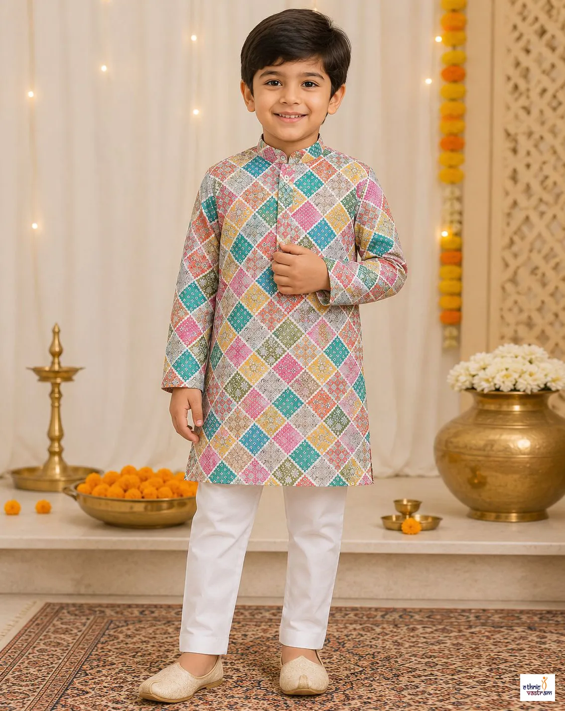 Kids Multicolor Patola Printed Cotton Kurta Pajama Set