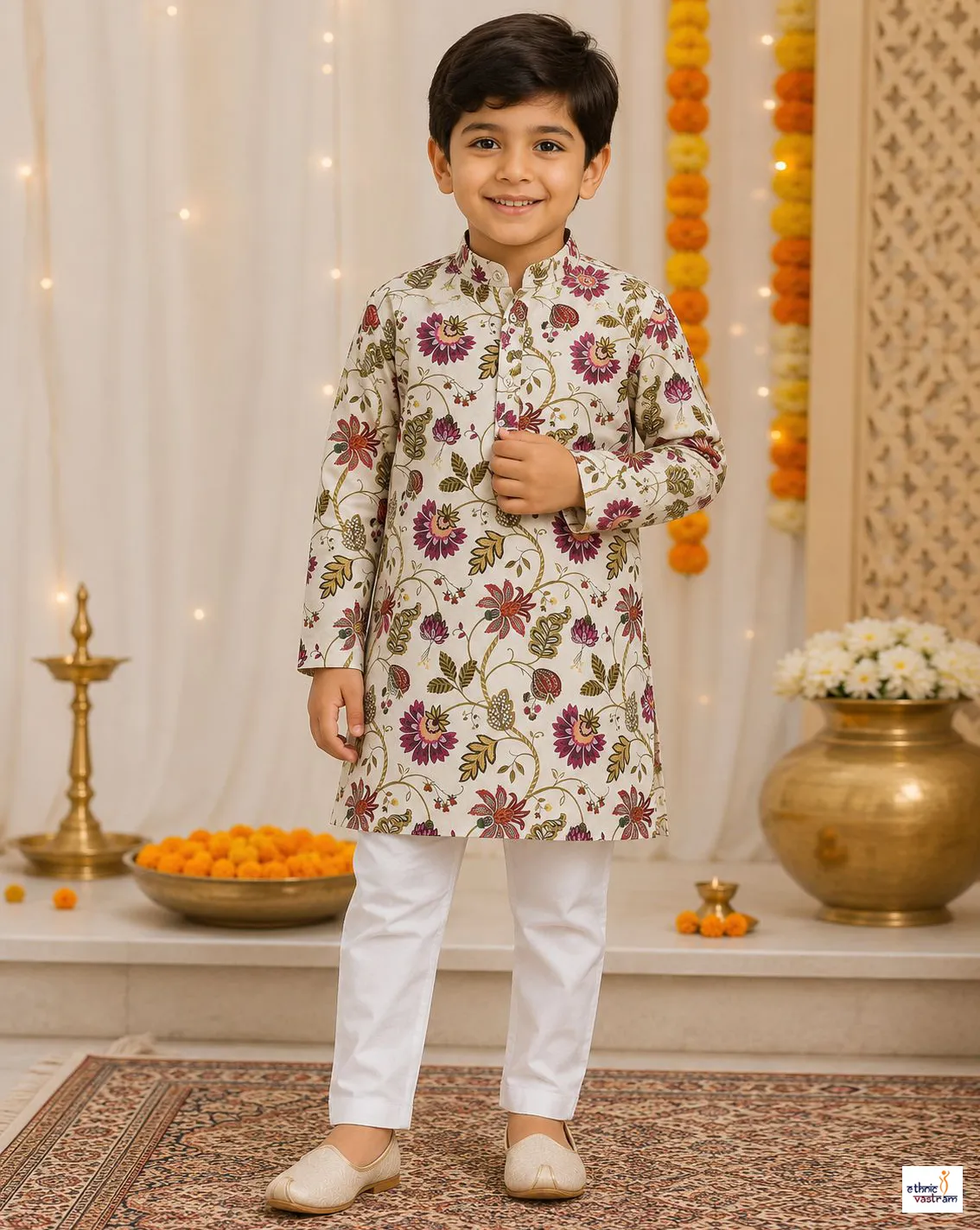 Kids Multicolor Patola Style Printed Cotton Kurta Pyjama Set