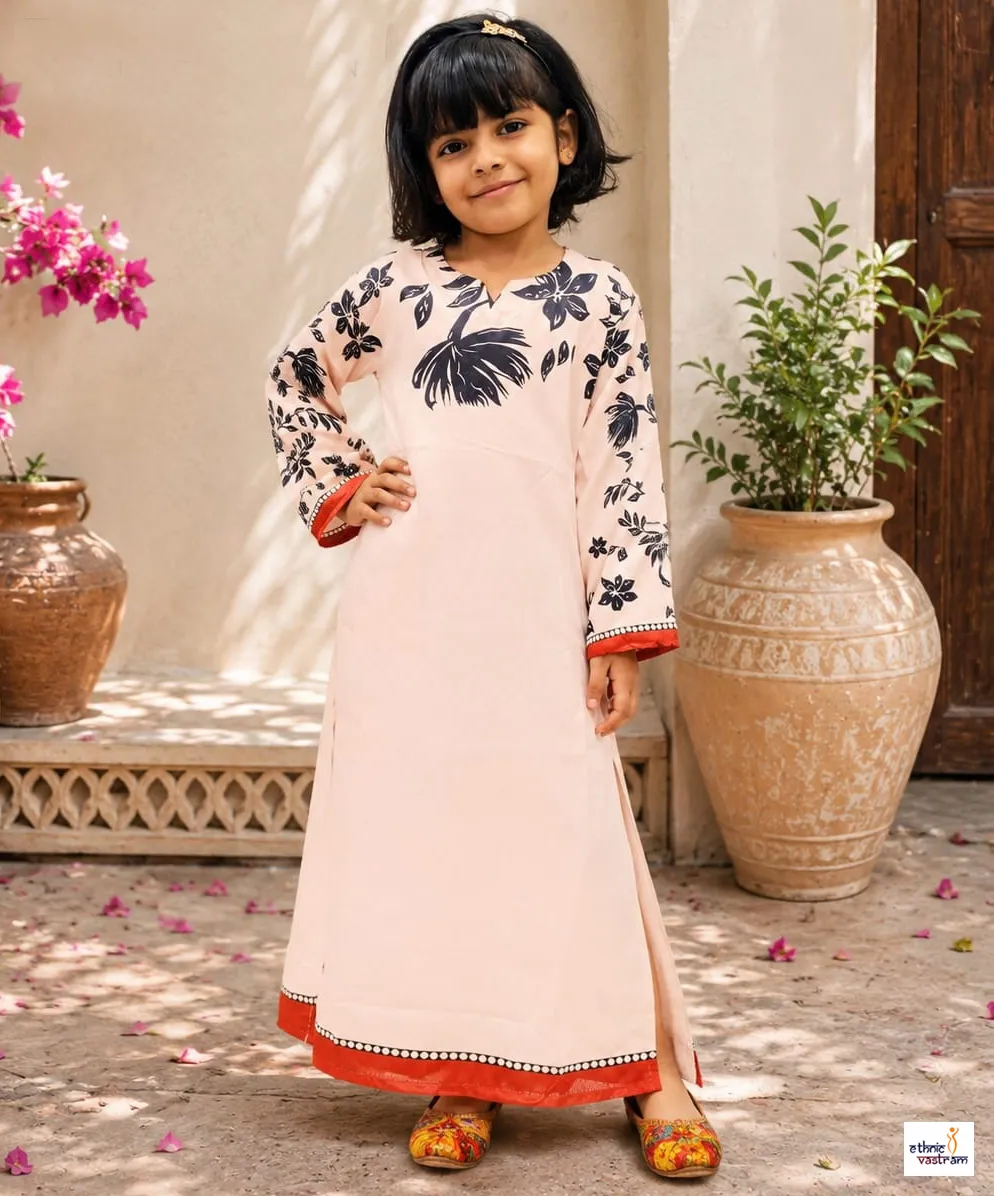 Kids Peach Mal Satin Pakistani Style Long Kurta
