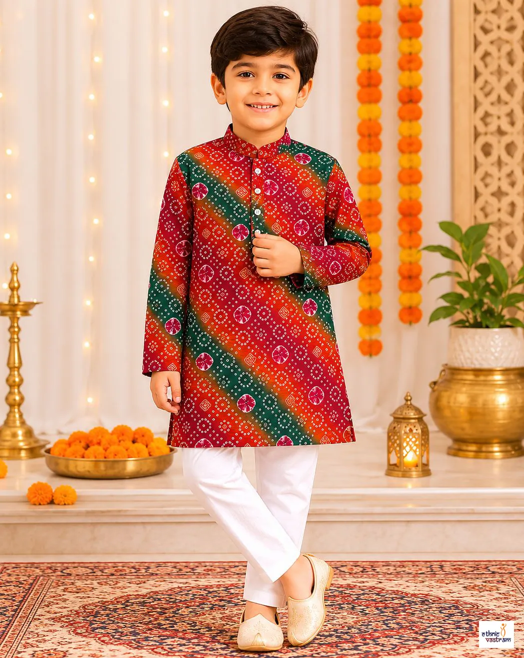 Kids Red Bandhani Printed Cotton Kurta Pyjama Set