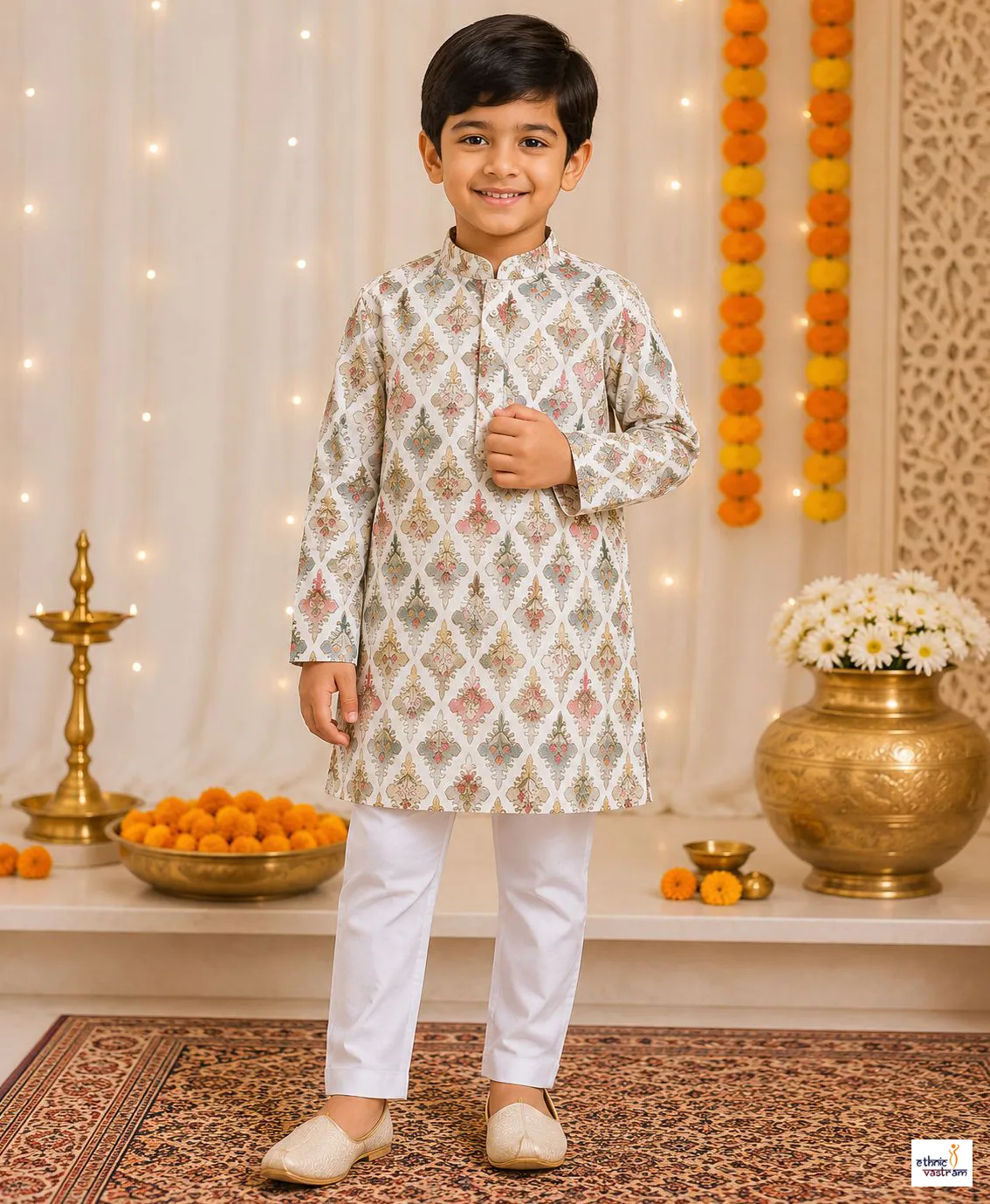 Kids White Ikat Printed Cotton Kurta Pajama Set