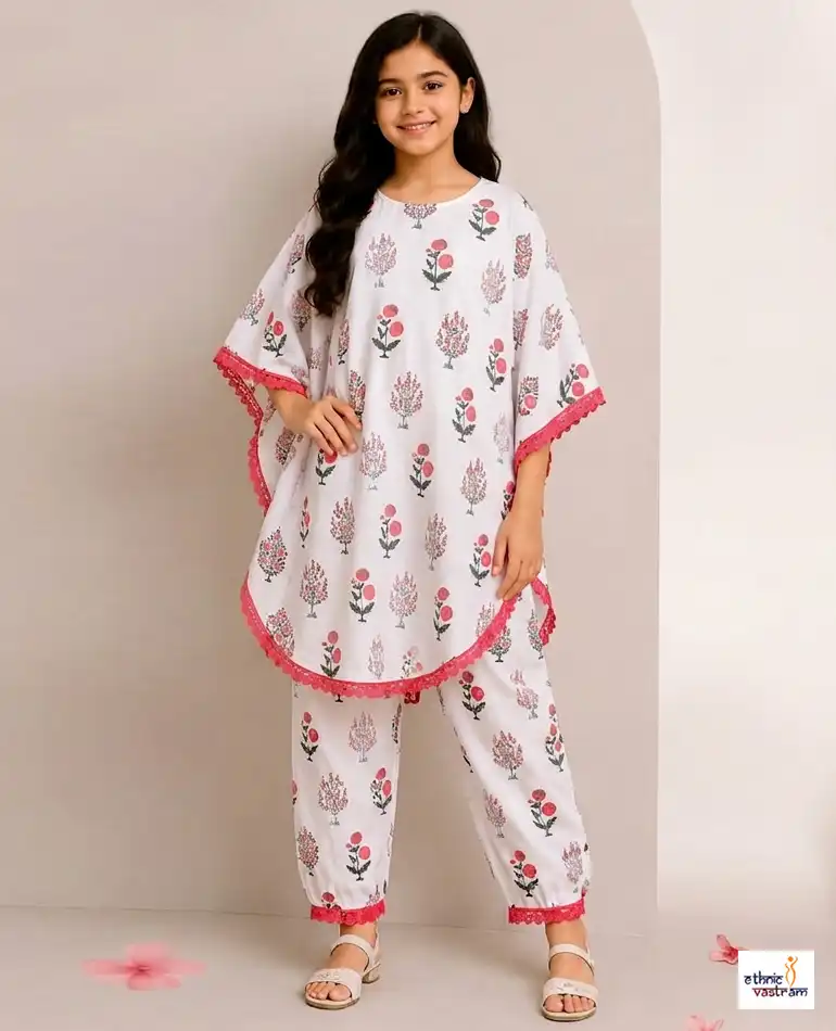 Kids White Kaftan Style Slub Rayon Printed Tunic