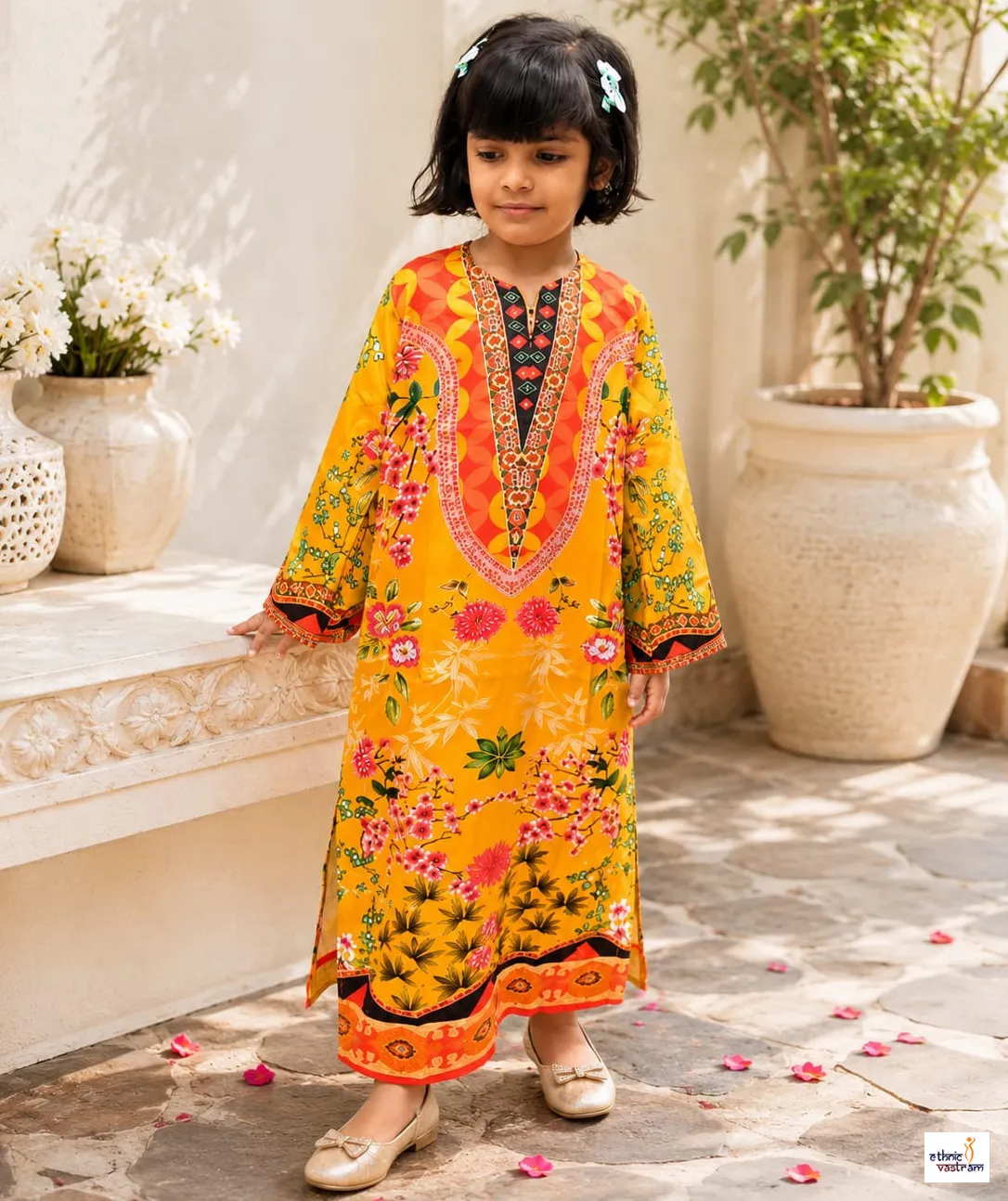 Kids Yellow Mal Satin Pakistani Style Long Tunic