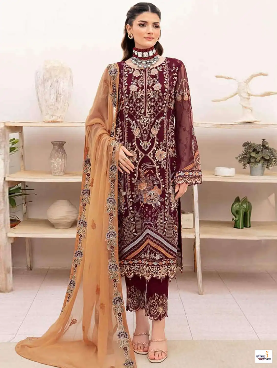 Luxury Embroidered Maroon Faux Georgette Pakistani Suit