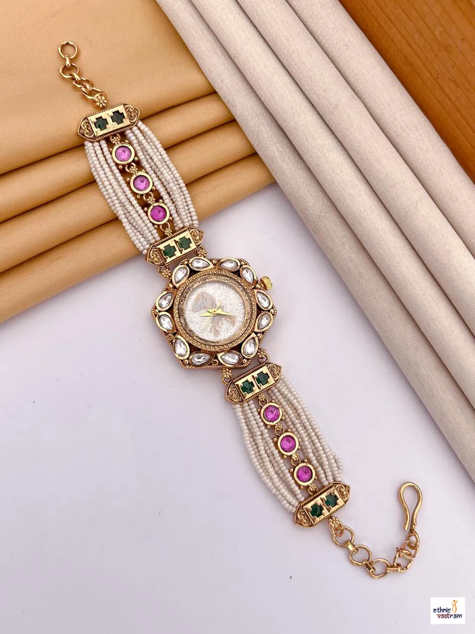 Luxury White Flower Kundan Traditional Festive Indian Jewelry Watch