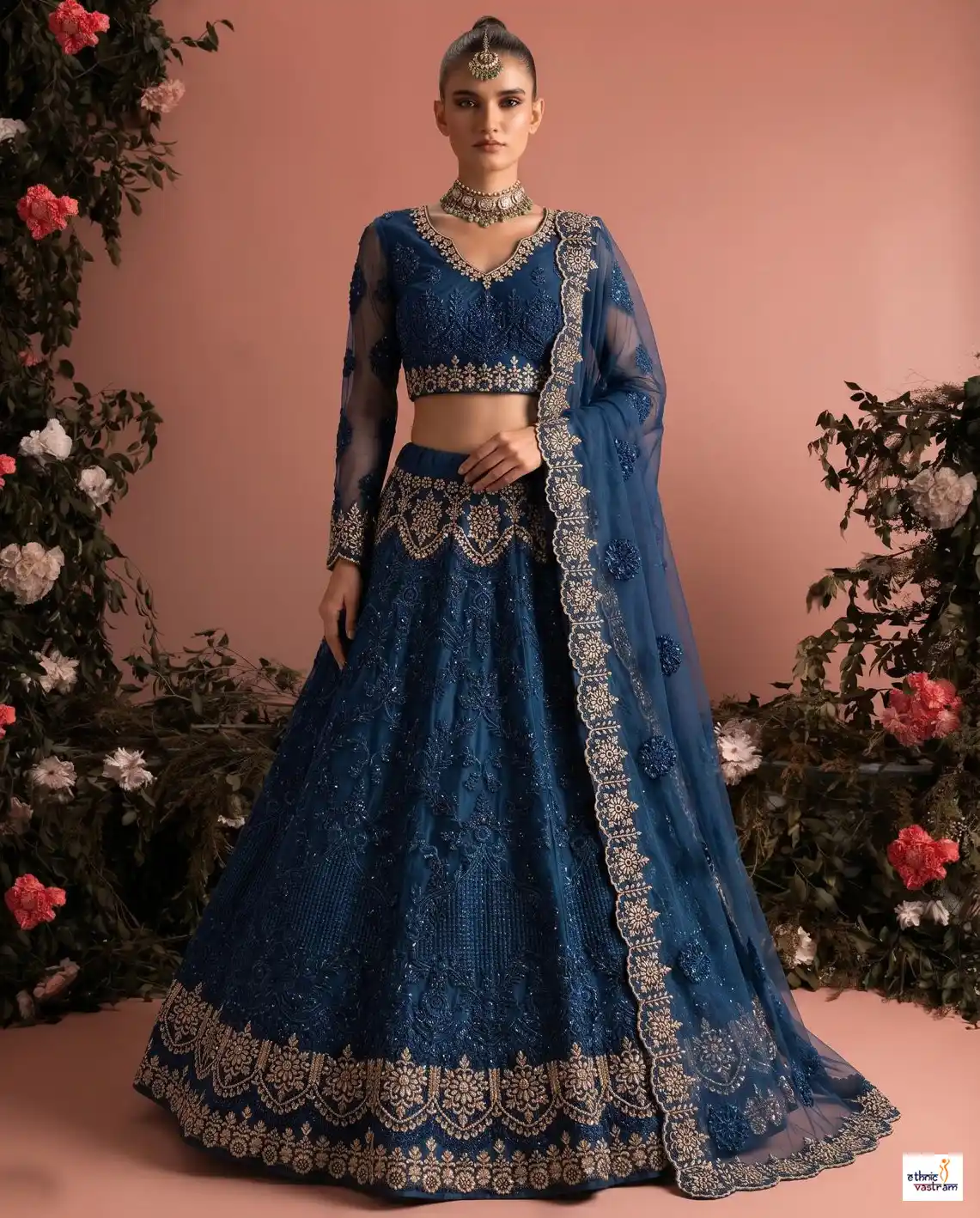 Navy Blue Butterfly Net Embroidered Wedding Lehenga Choli