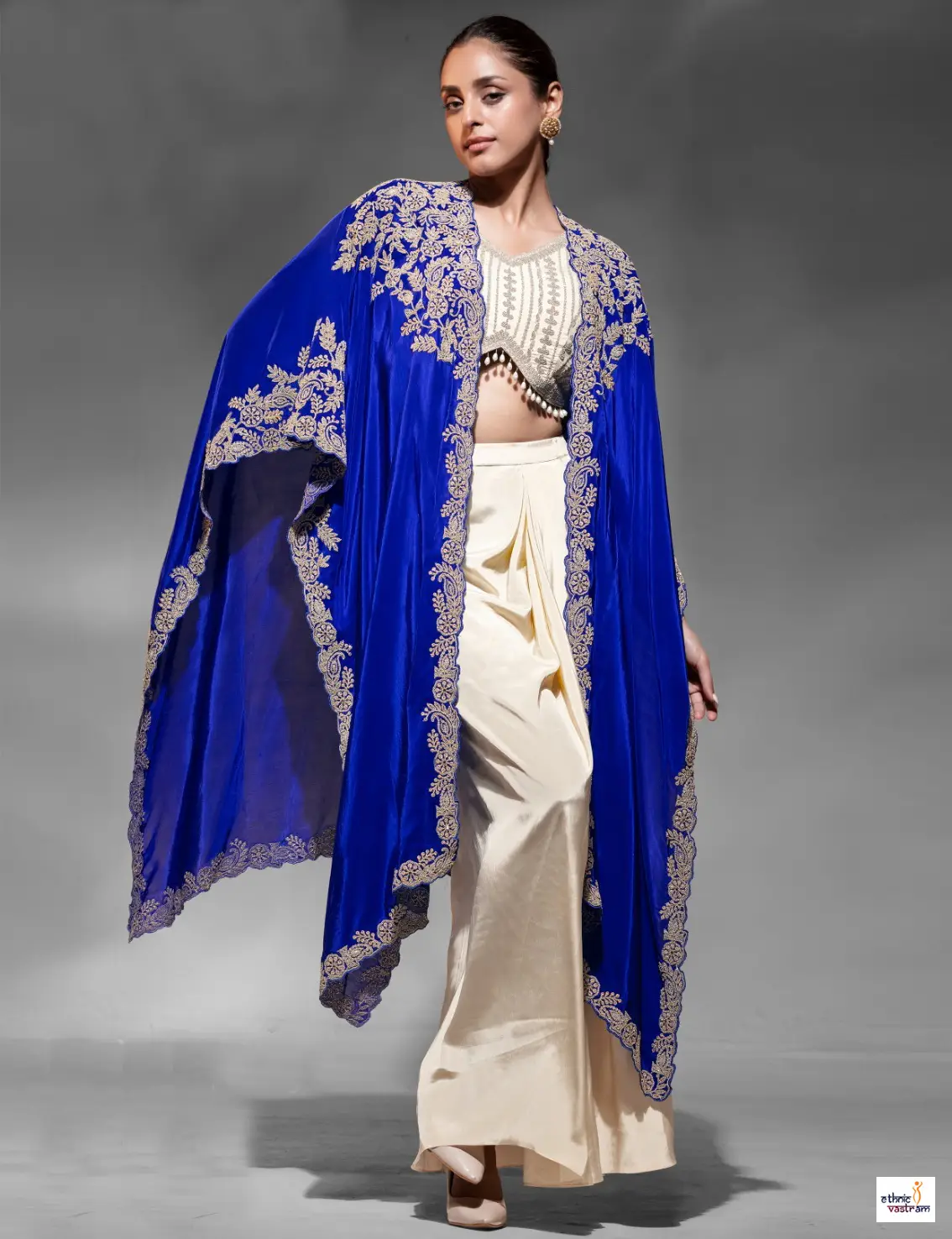 Off-White Blue Cowl Skirt & Embroidered Indo Western