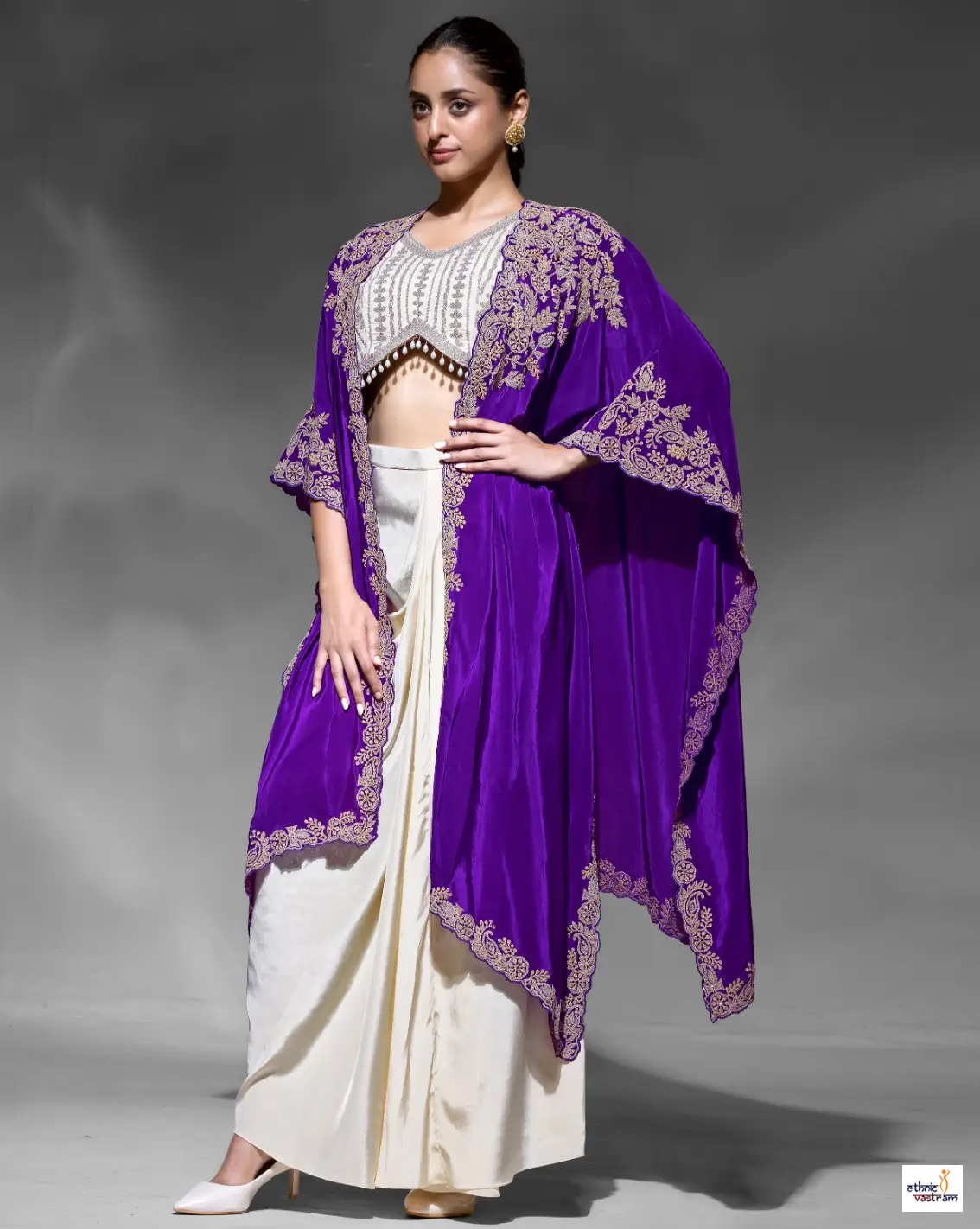 Off-White Purple Cowl Skirt & Embroidered Indo Western