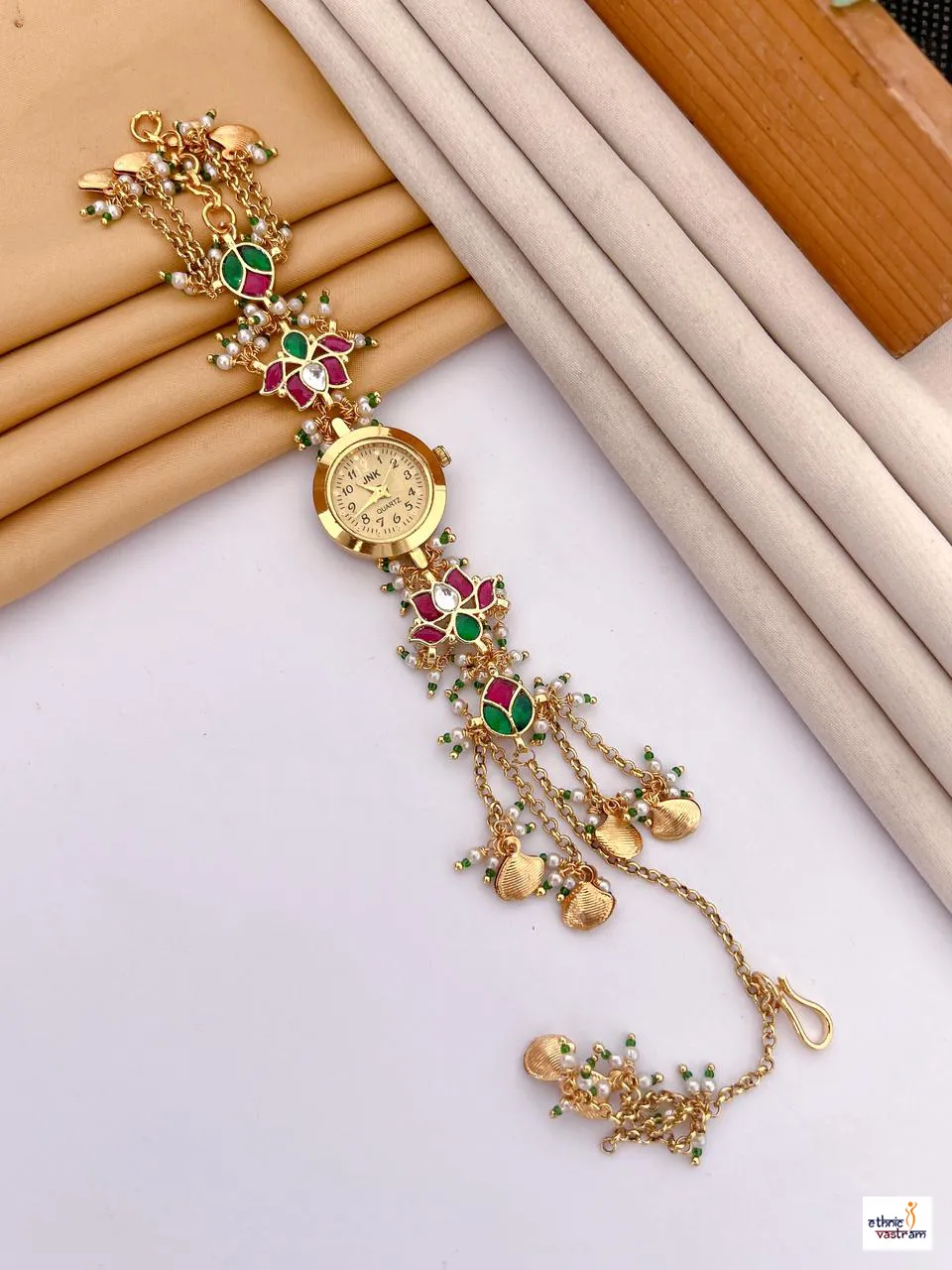 Premium Gold-Plated Kundan Flower Style Bracelet Watch