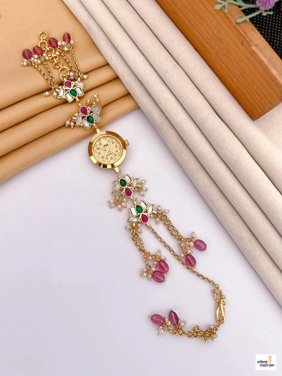 Premium Gold-Plated Kundan Flower Style Bracelet Watch