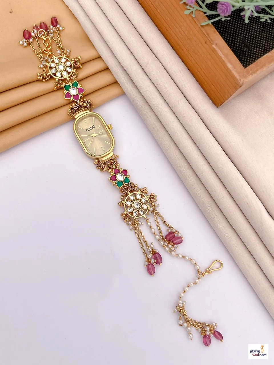 Premium Gold-Plated Oval Dial Kundan Festive Bracelet Watch