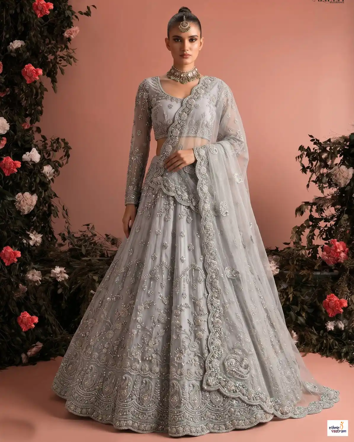 Premium Grey Butterfly Net Embroidered Wedding Lehenga Choli