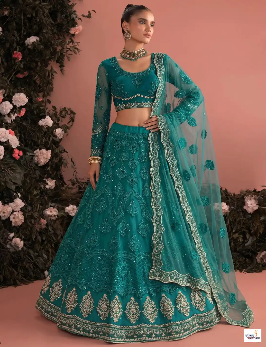 Premium Teal Butterfly Net Embroidered Wedding Lehenga Choli