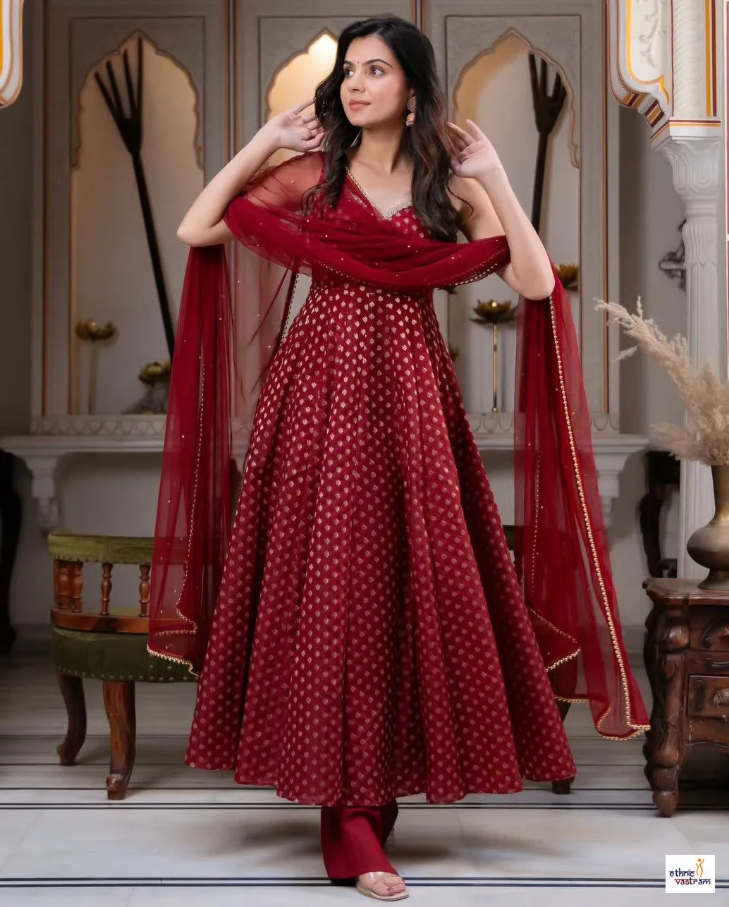 Red Chanderi Jacquard Butti Readymade Anarkali Suit