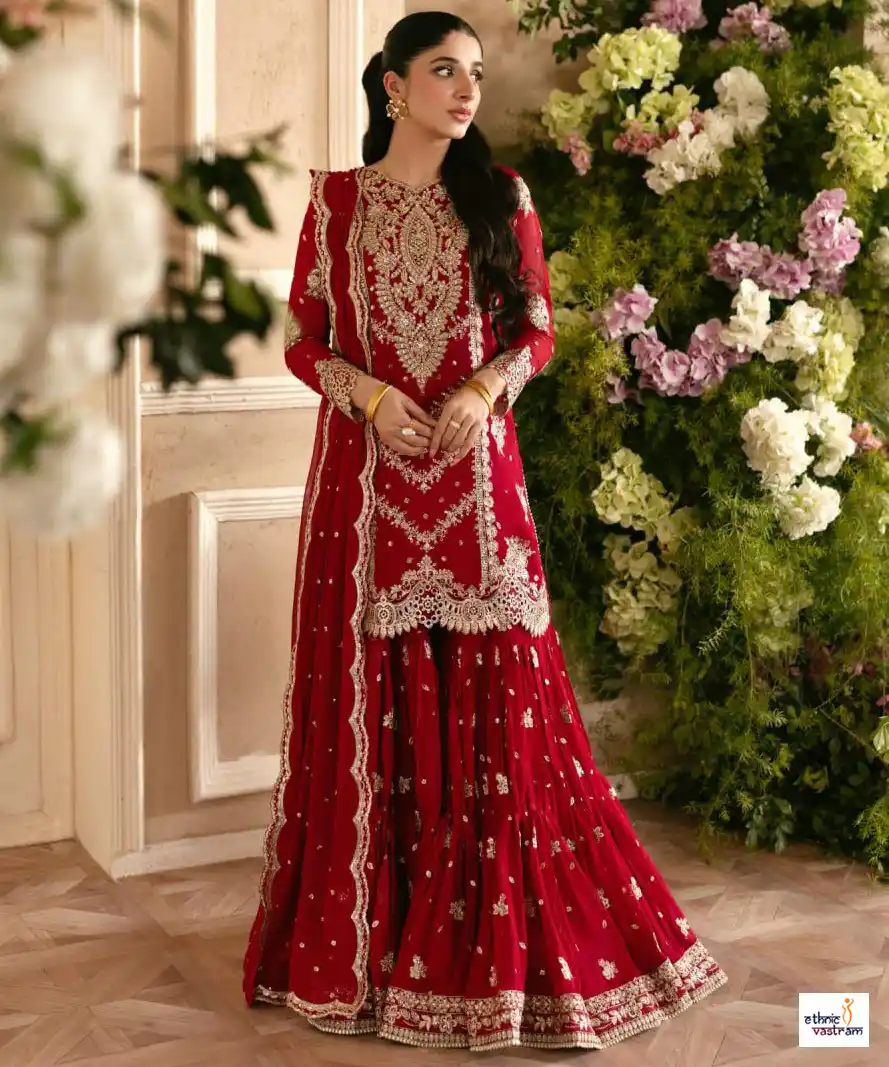Red Faux Georgette Sequence Embroidered Sharara Suit